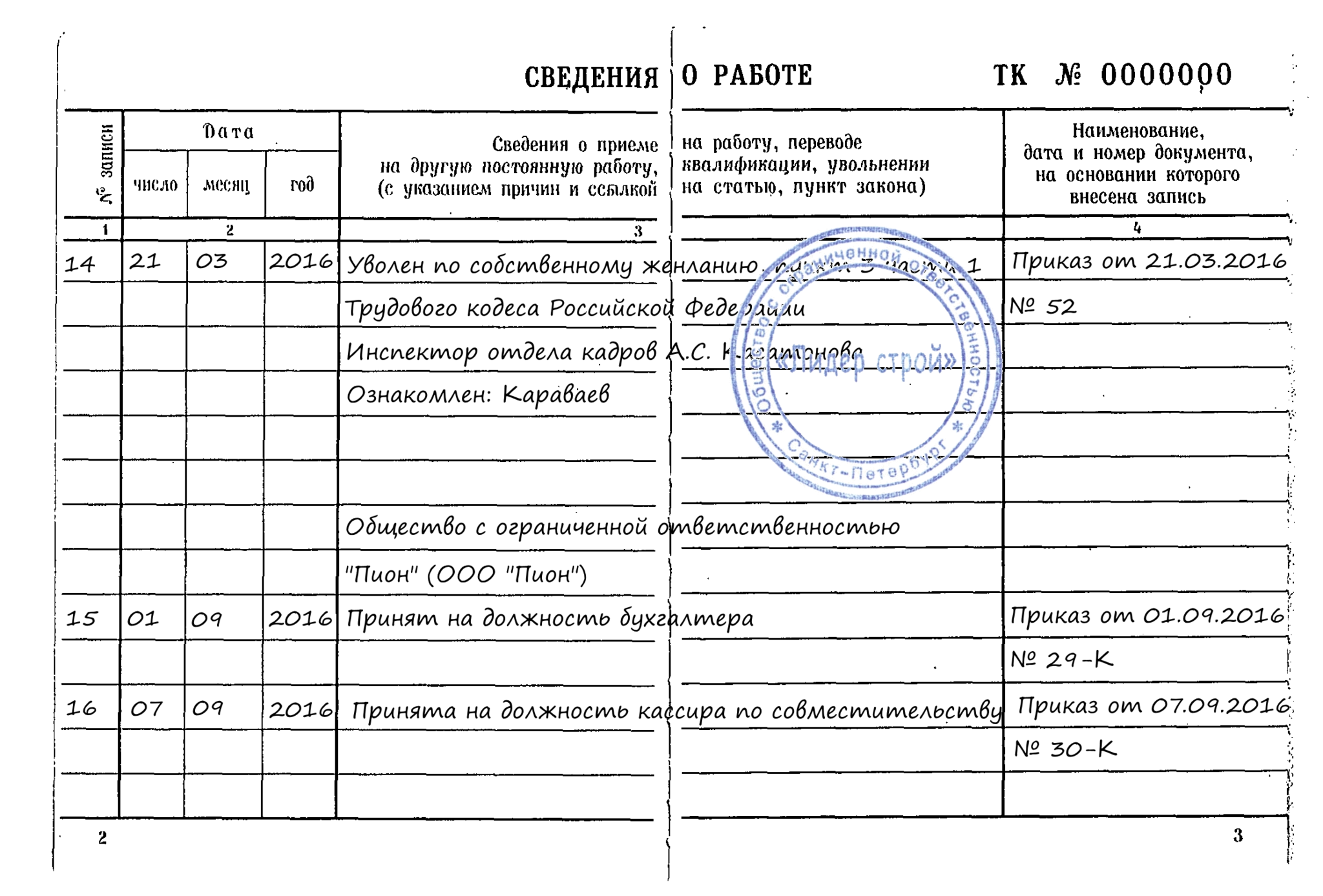 Образец увольнения совместителя